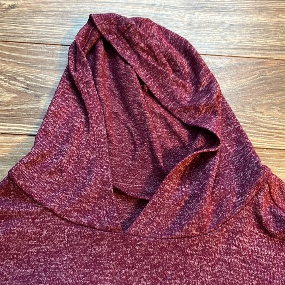 Justice heathered burgundy hooded top with silver glitter rings on sleeve
